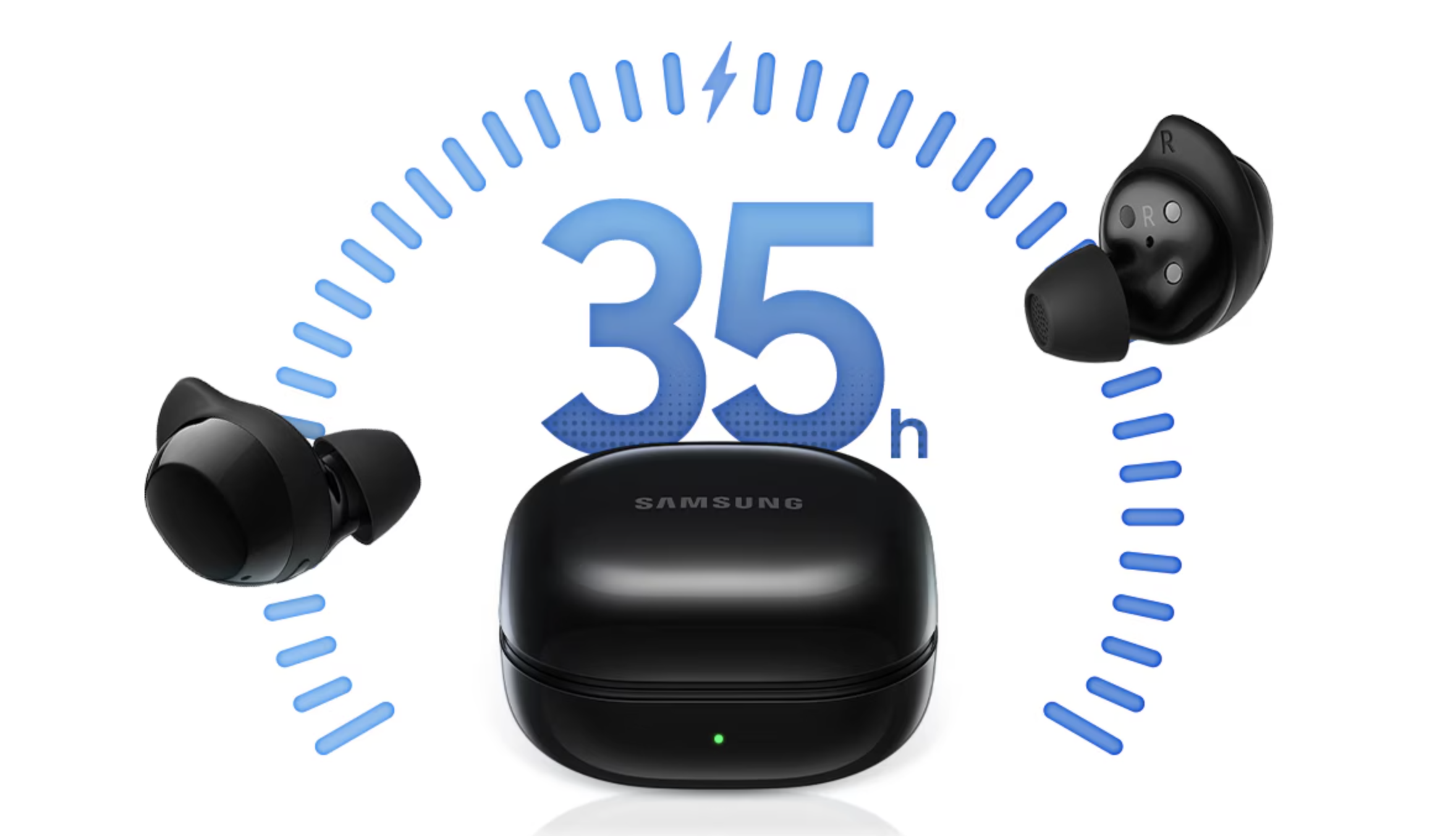 Samsung Galaxy Buds Core in black, with a '35h' graphic in blue to denote improved battery life, on white background