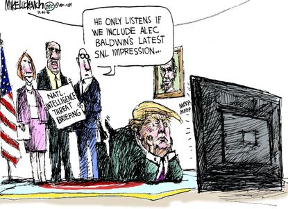 Political cartoon U.S. Donald Trump briefing SNL