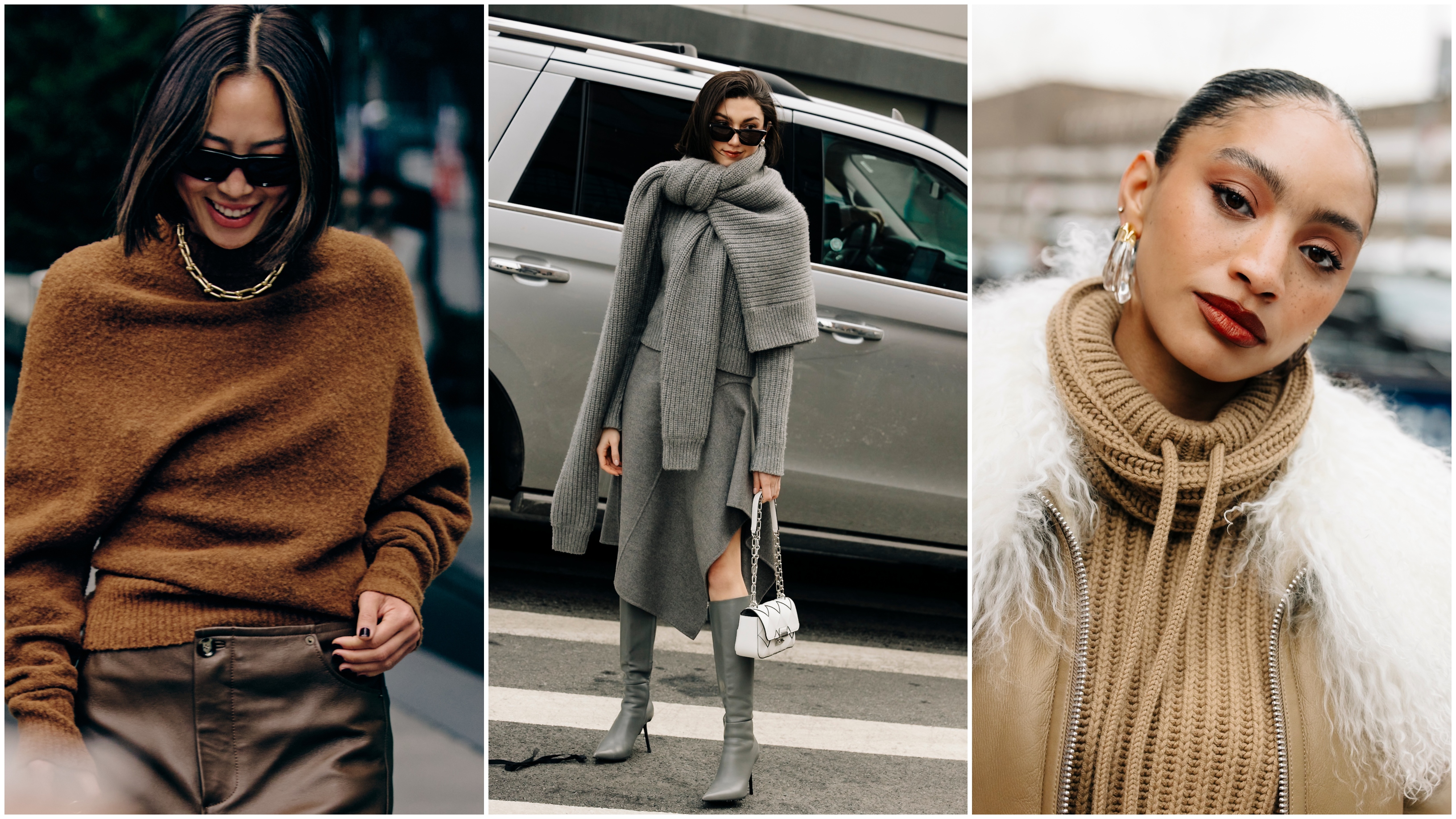 three women at new york fashion week wearing cashmere sweaters