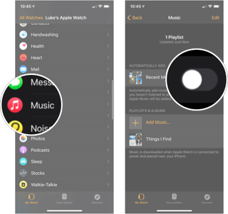 Automatically Adding Music To Apple Watch: Tap Music and then tap the on/off switch next to the playlists under the automatically add section.