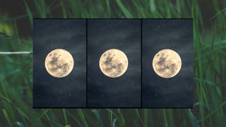 three full moons in a black sky on a grassy background