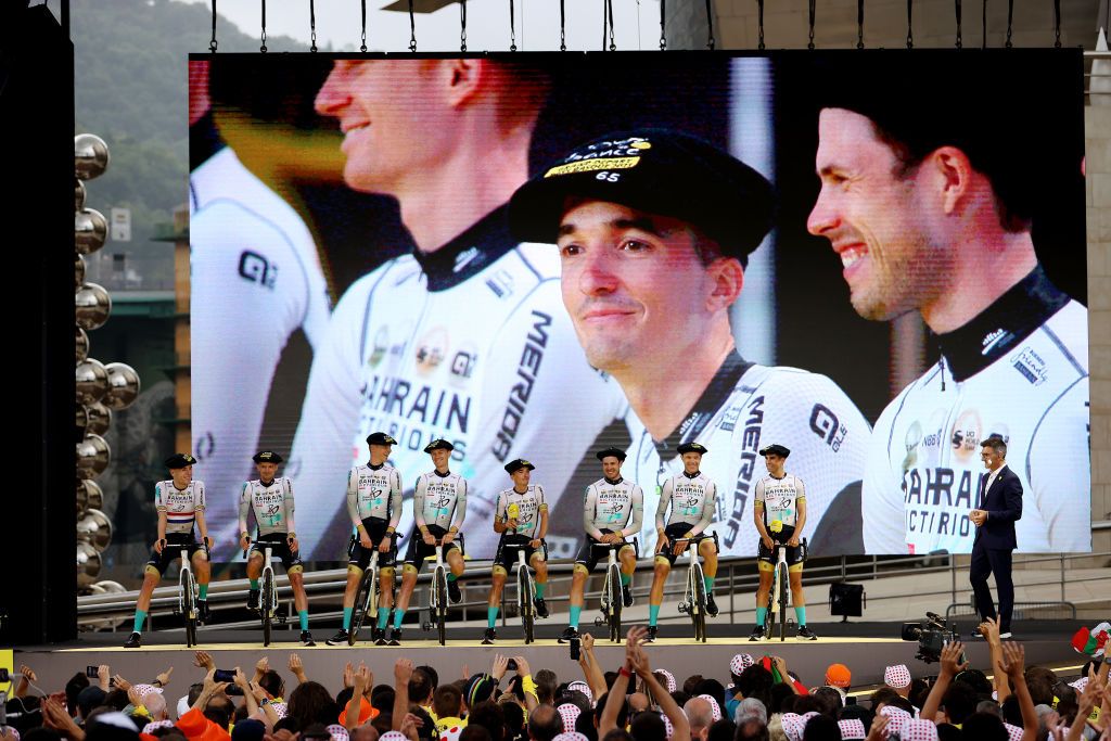 BILBAO SPAIN JUNE 29 A general view of Nikias Arndt of Germany Phil Bauhaus of Germany Pello Bilbao of Spain Jack Haig of Australia Mikel Landa of Spain Matej Mohoric of Slovenia Wout Poels of The Netherlands Fred Wright of United Kingdom and Team Bahrain Victorious during the team presentation of the 110th Tour de France 2023 at the Guggenheim Museum Bilbao UCIWT on June 29 2023 in Bilbao Spain Photo by Michael SteeleGetty Images