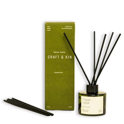Craft & Kin Mayan Copal Reed Diffuser | All Natural Essential Oil & Rattan Scent Sticks | Reed Diffusers for Home, Bathroom | Long Lasting Home Fragrance in Green Glass, 3.4oz