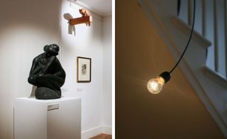 The final space sees a double-faced terracotta owl, its plumage reworked as a hand, set close to the ceiling on a branch-like wooden beam, titled Through a Hole, 2015. Left: Through a Hole, 2015. Right: Bulb