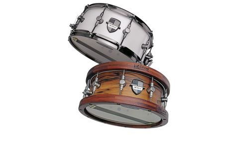 The snare (top) has 2.3mm triple-flanged steel hoops and all metal fittings are finished in antique silver