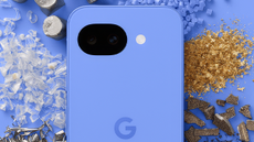 Google Pixel 10a in blue against multiple materials used in its construction