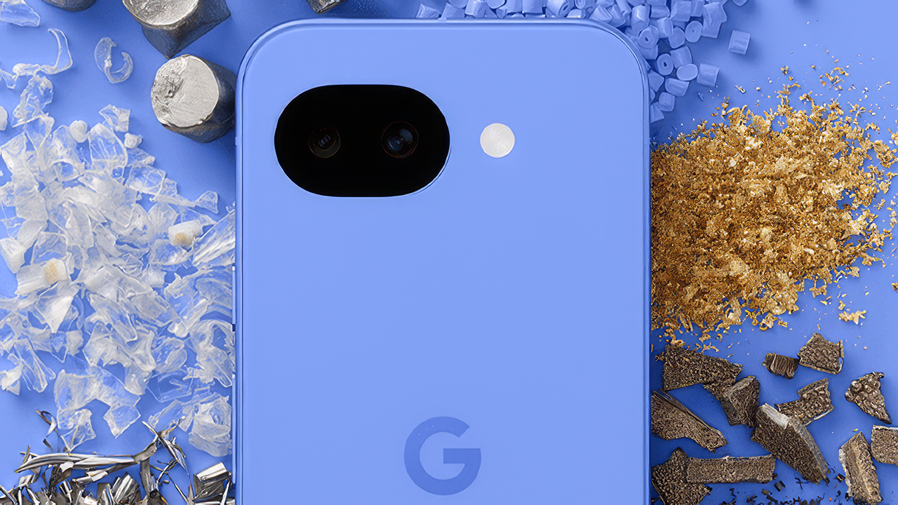 Google Pixel 10a in blue against multiple materials used in its construction