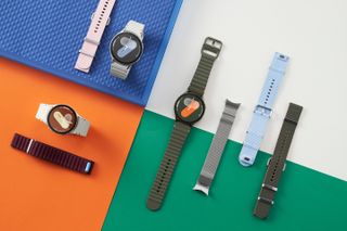 Samsung Galaxy Watch 7s of various colors on orange, green, blue and white backgrounds