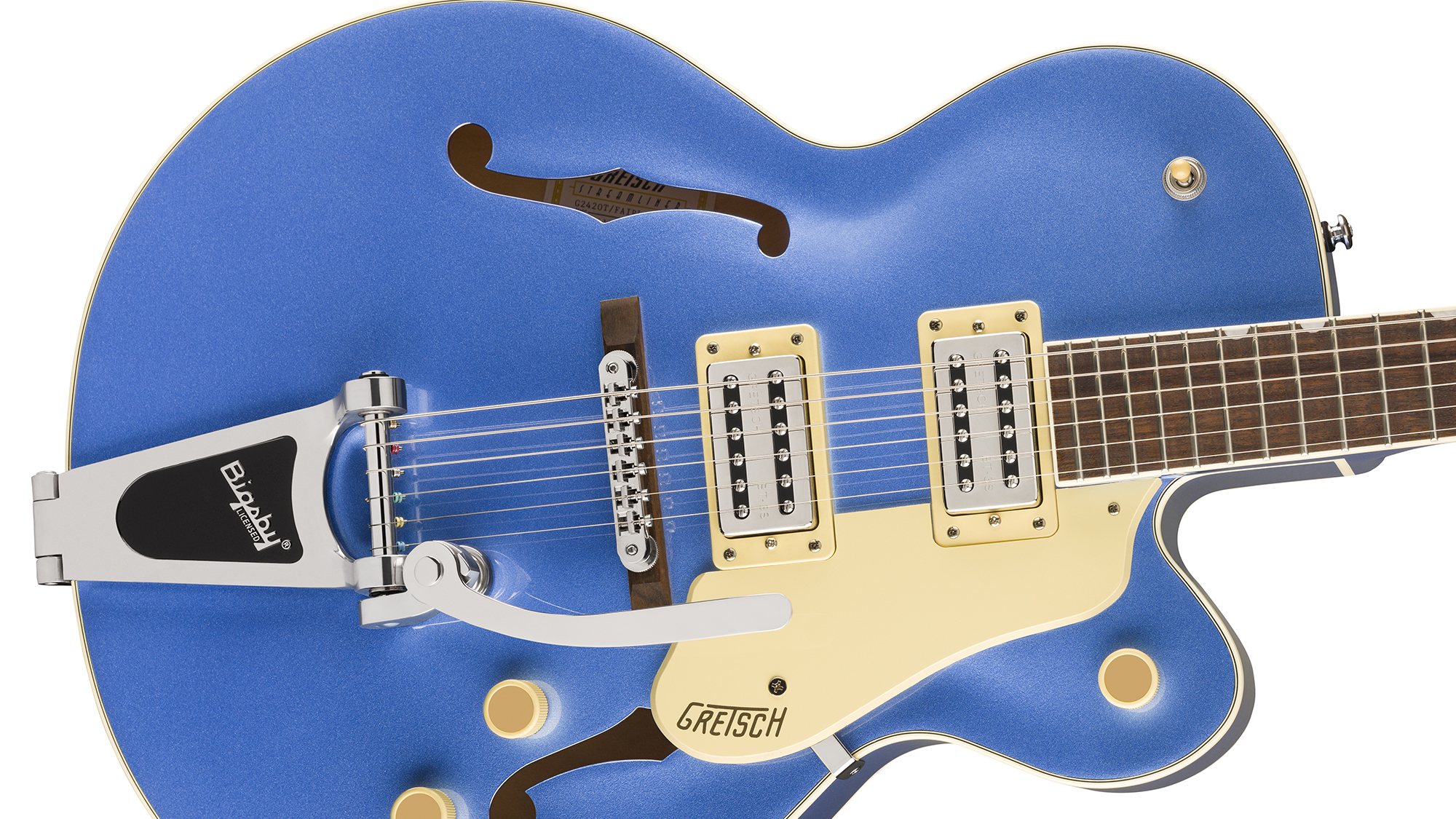 A photo showing a detail of the Gretsch Streamliner Hollow Body electric in Fairlane Blue finish