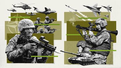 Illustration of NATO and Russian soldiers, vehicles and armaments