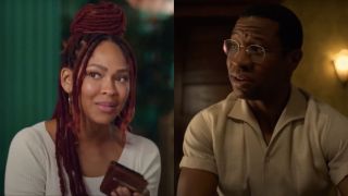 Meagan Good in Harlem and Jonathan Majors wearing glasses in Lovecraft County (side by side)