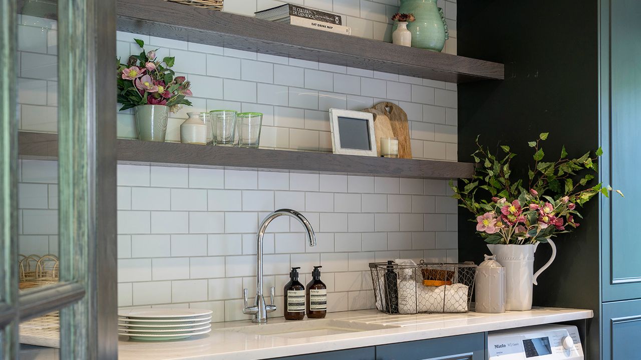 Laundry room with open shelving