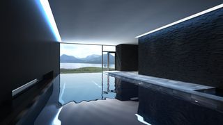 An indoor pool with an mountainous view