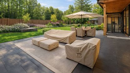 A large modern garden with outdoor furniture covered in outdoor covers from Covers&All.