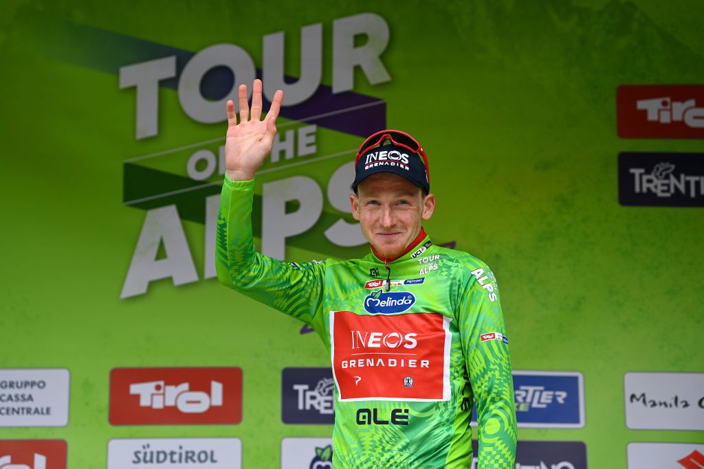 Teo Geoghegan Hart (Ineos) on the podium as leader of Tour of the Alps