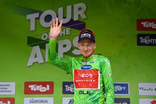 Teo Geoghegan Hart (Ineos) on the podium as leader of Tour of the Alps