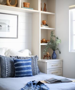 coastal farmhouse blue and neutral bedroom