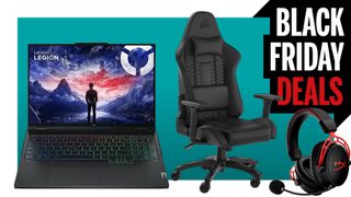 The Corsair TC100 gaming chair, HyperX Cloud Alpha Wireless Gaming Headset, and Lenovo Legion Pro 7 laptop float in a teal void bordered in white. On the top left corner is a flash banner that reads 'Black Friday Deals'.