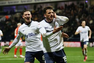 Troy Parrott of Preston North End celebrates after scoring their sides first goal from the penalty spot during the Sky Bet Championship between Preston North End and Luton Town at Deepdale on February 15, 2023 in Preston, England.