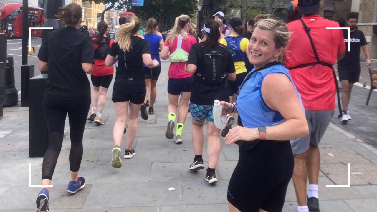 Sarah Finley running in a group turning to face the camera, representing workout mistakes