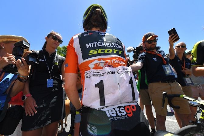 Mitchelton-Scott's Amanda Spratt talks to the press after defending her overall Women's Tour Down Under leader's jersey after stage 3