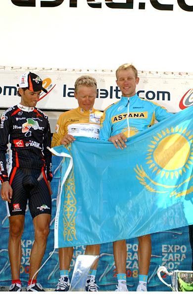 The two Kazakhstanis with their flag on the podium