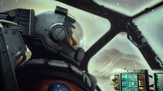 This is a screenshot from the space role playing game Starfield. Here we see the side profile of an astronaut sitting in a spaceship cockpit.
