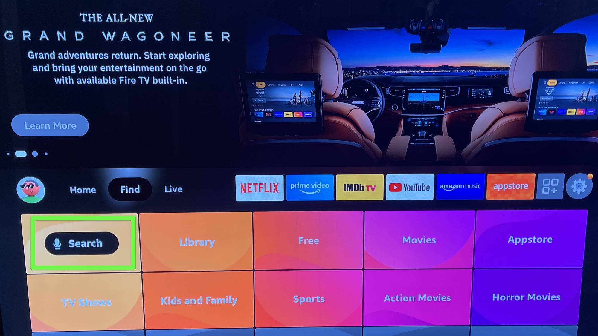 Fire TV home screen with Search highlighted