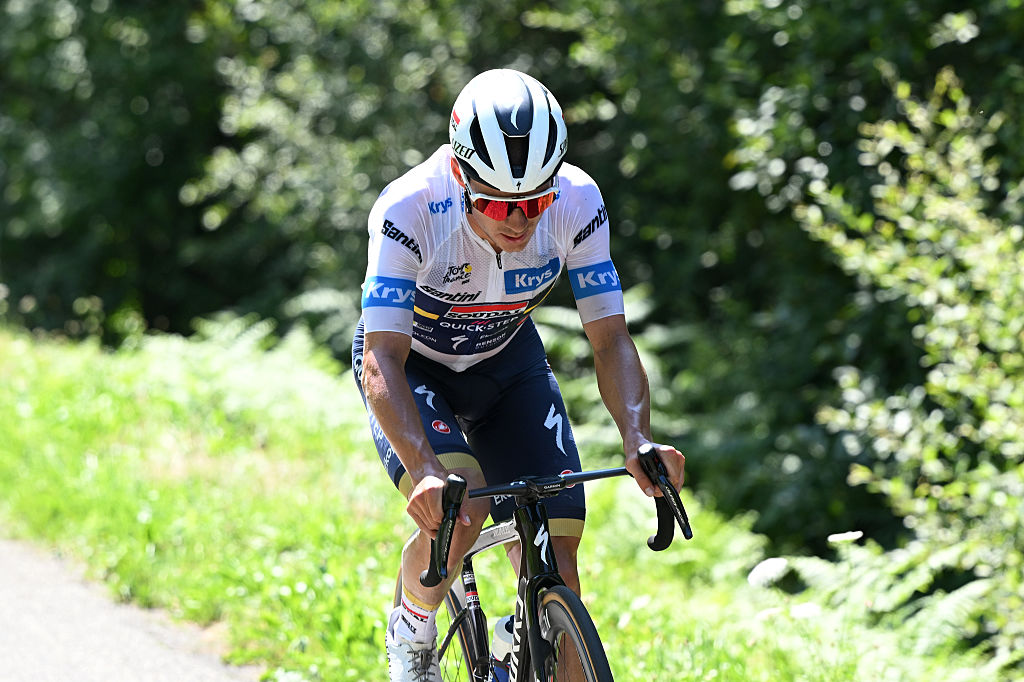 Remco Evenepoel (Soudal-Quickstep) on his own in the finale of stage 12 of the 2025 Tour de France to Hautacam