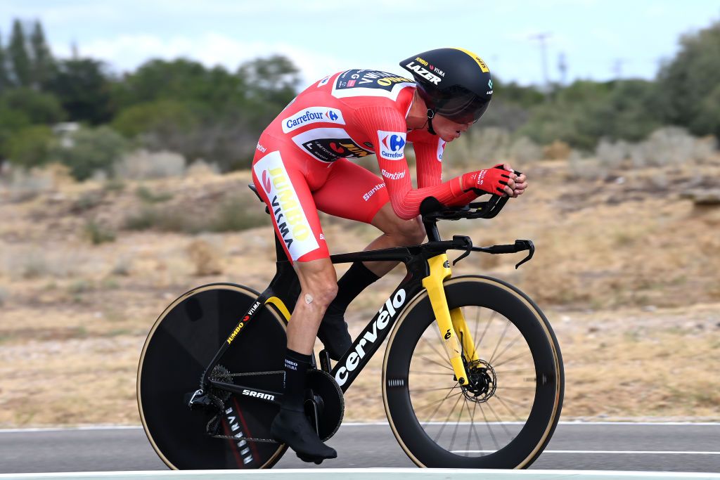 VALLADOLID SPAIN SEPTEMBER 05 Sepp Kuss of The United States and Team JumboVisma Red Leader Jersey sprints during the 78th Tour of Spain 2023 Stage 10 a 258km individual time trial stage from Valladolid to Valladolid UCIWT on September 05 2023 in Valladolid Spain Photo by Tim de WaeleGetty Images