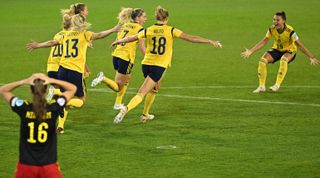 Sweden's defender Linda Sembrant (3R) celebrates her goal during the UEFA Women's Euro 2022 quarter final football match between Sweden and Belgium at the Leigh Sports Village Stadium, in Leigh, on July 22, 2022.
