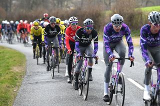 Paris-Nice 2025: Michael Matthews (3-R) behind Jayco-AIUIa teammates during stage 4