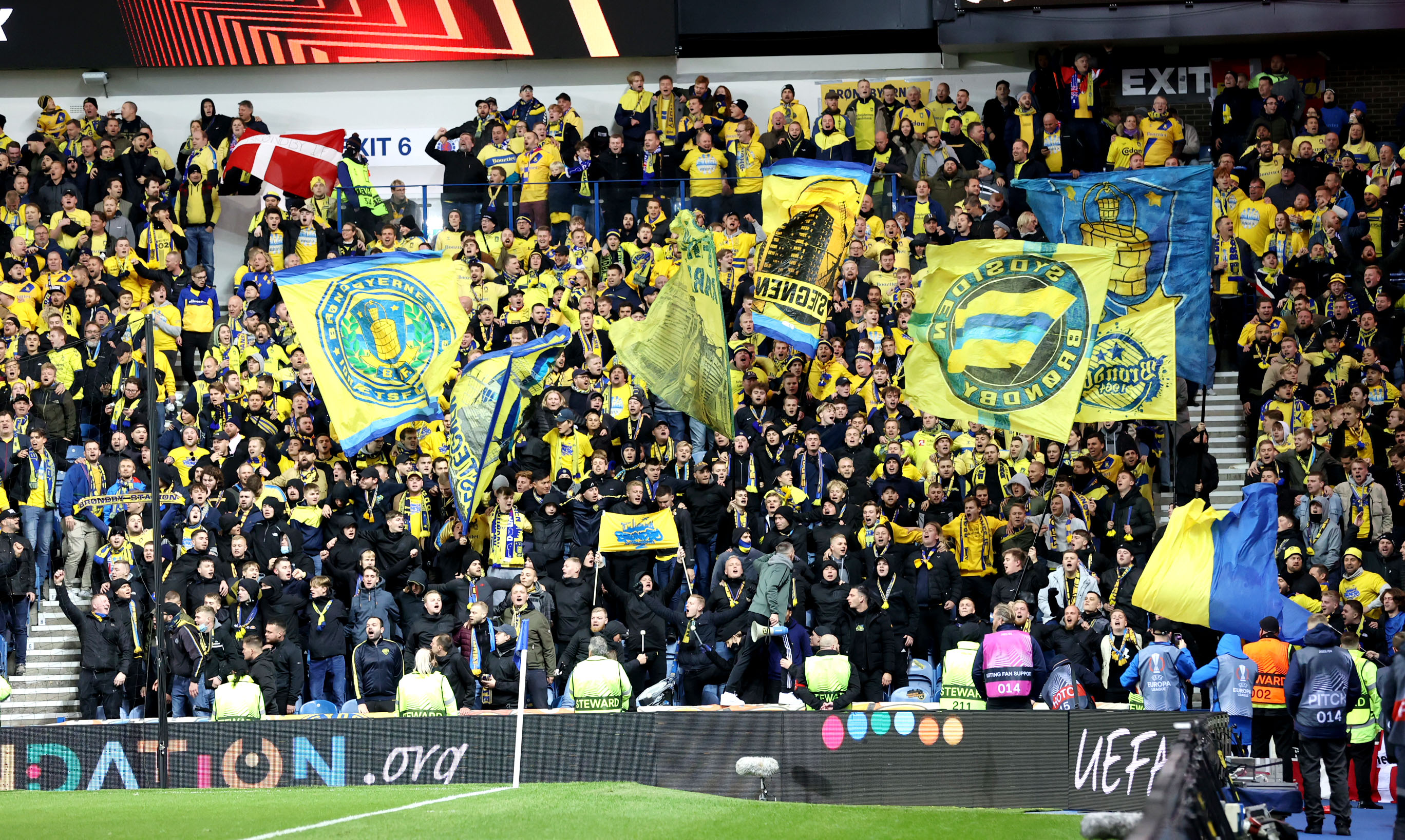 GLASGOW, SCOTLAND - OCTOBER 21: A general view of Brondby fans during the UEFA Europa League match between Rangers and Brondby at Ibrox Stadium on October 21, 2021, in Glasgow, Scotland. (Photo by Craig Williamson/SNS Group via Getty Images)