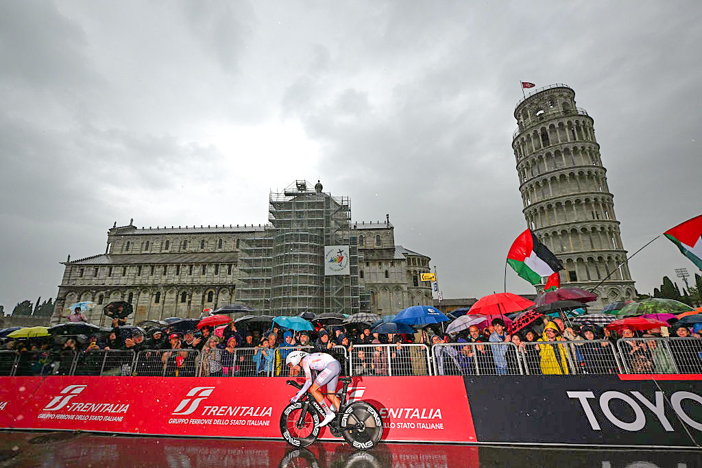 PISA ITALY MAY 20 Juan Ayuso of Spain and Team UAE Team Emirates XRG White Best Young Rider Jersey competes with the Tower of Pisa in the background during the 108th Giro dItalia 2025 Stage 10 a 286km individual time trial stage from Lucca to Pisa UCIWT on May 20 2025 in Pisa Italy Photo by Tim de WaeleGetty Images