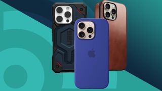 Apple Silicone iPhone case in ultramarine blue in front of a Nomad modern leather folio case and a UAG Monarch Pro Kevlar armor case, all with iPhone 16 Pro in desert titanium showing through camera bump