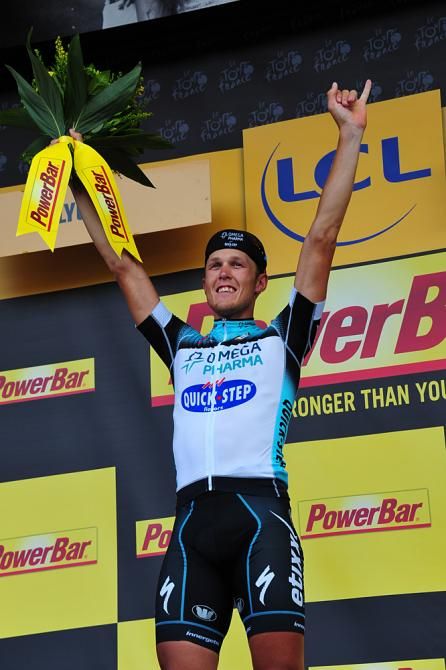 Matteo Trentin (Omega Pharma-Quickstep) celebrates on the podium