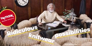 Man sat at a desk, surrounded by chaotic sheep, with bold text reading: 'Ridiculous knitwear possibilties'