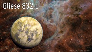 Artist's concept of the potentially habitable super Earth Gliese 832c, against a background of a stellar nebula.