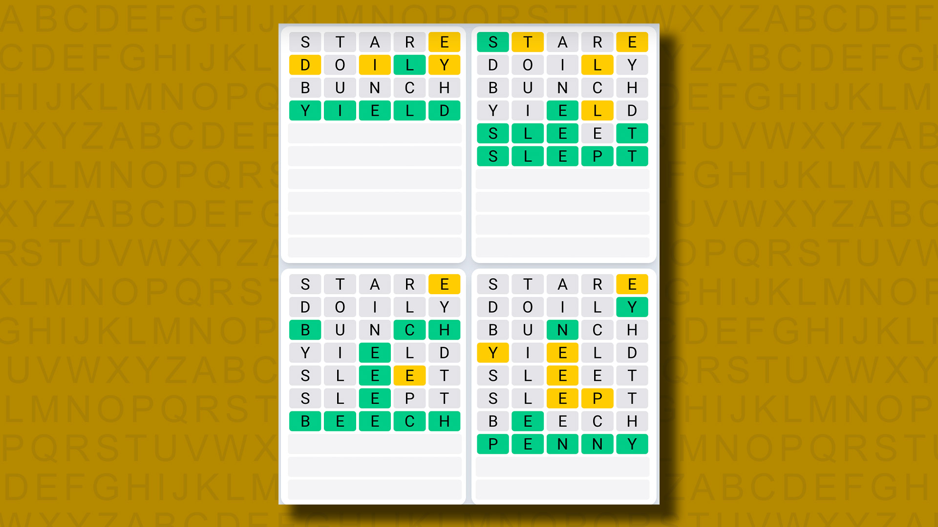 Quordle Daily Sequence Answers for Game 964 on a yellow background