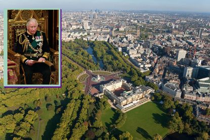 A collage of King Charles and an aerial view of Buckingham Palace
