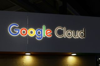 Google Cloud logo displayed on the company stand at Mobile World Congress 2023