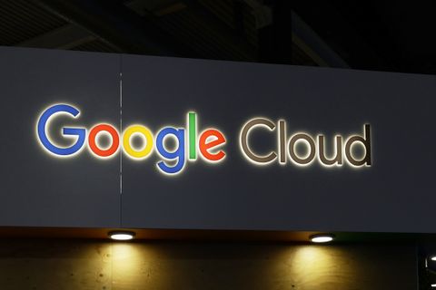 The Google Cloud logo displayed on the company stand at Mobile World Congress 2023