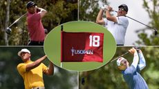 Tiger Woods, Phil Mickelson, Tony Finau and Sergio Garcia hitting golf shots and an inset of a red no.18 US Open flag centered