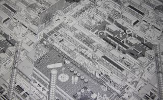 Black and white graphic illustration of the city from above