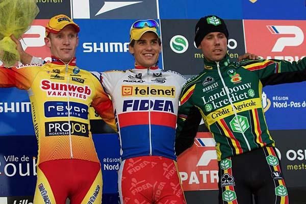 Elite men's podium: Klaas Vantornout (Sunweb - Revor) in second, winner Zdenek Stybar (Telenet Fidea), Sven Nys (Landbouwkrediet) in third.