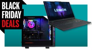 A gaming PC and gaming laptop on a colored background, with a Black Friday deals logo