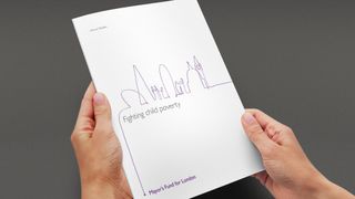 Fighting child poverty report cover with London skyline doodle illustration
