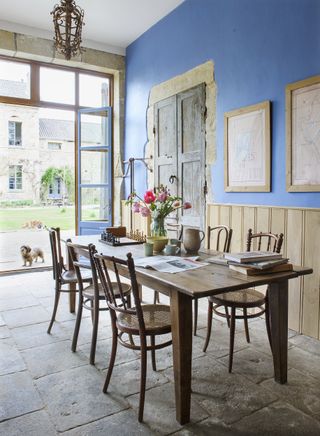 renovated french home blue dining room