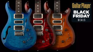 A photo composite showing three PRS S2 Special Semi-Hollow guitars in blue, red and amber finishes