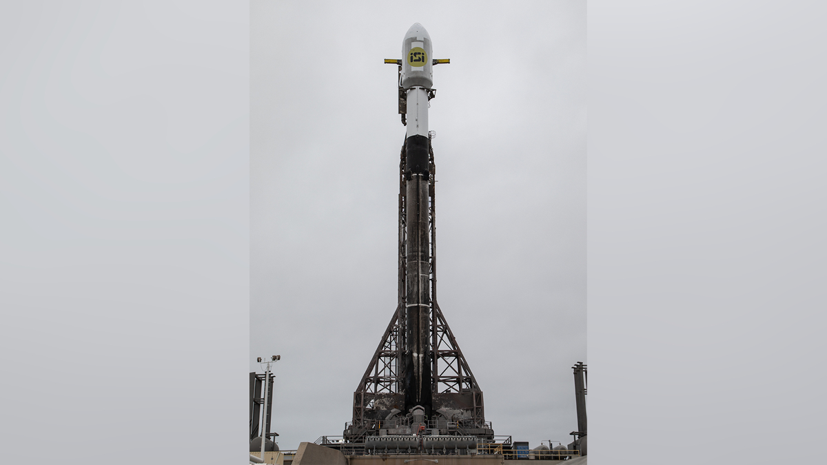 A SpaceX Falcon 9 rocket carrying the Israeli military satellite Eros C-3 stands atop its launch pad at the Vandenberg Space Force Base in California ahead of a Dec. 29, 2022 local time launch.